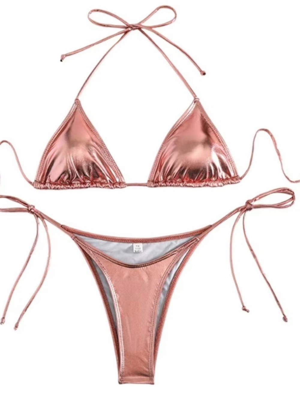 Liquid metallic pink triangle bikini set w/halter ties & side-tie bottoms, EUC